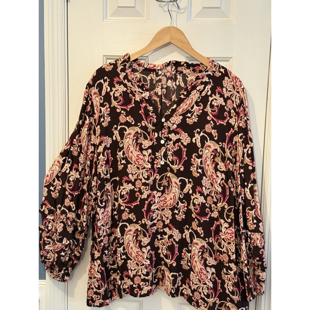 Tan‎ & Pink Cottagecore Lagenlook Women's L/XL Blouse Flowy 100% Viscose Boho